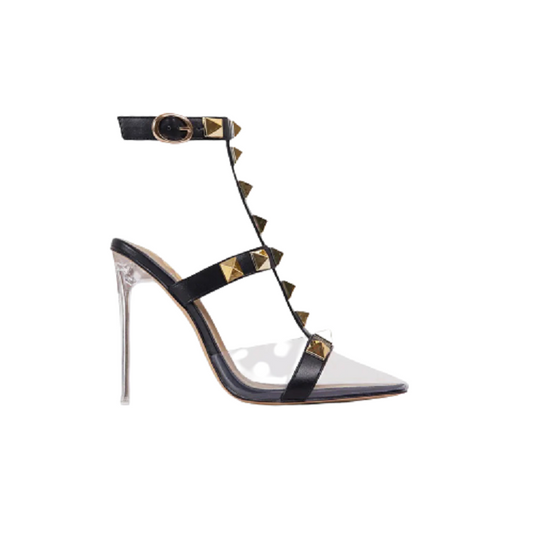 Glam Studded Details Pointed Clear Perspex Heel - Black