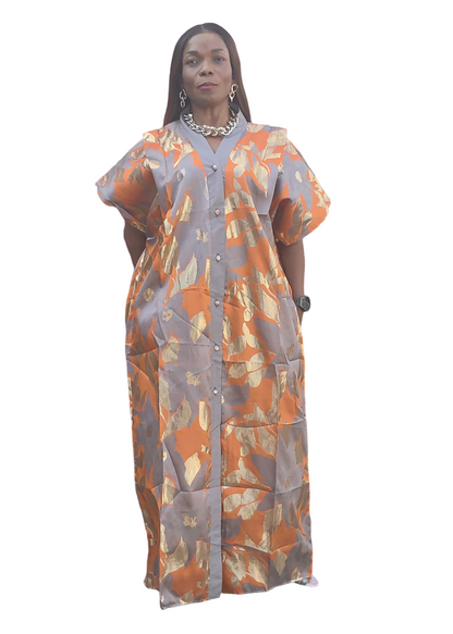 The Loveth Damask Kimono Dress - Orange & Gold Floral