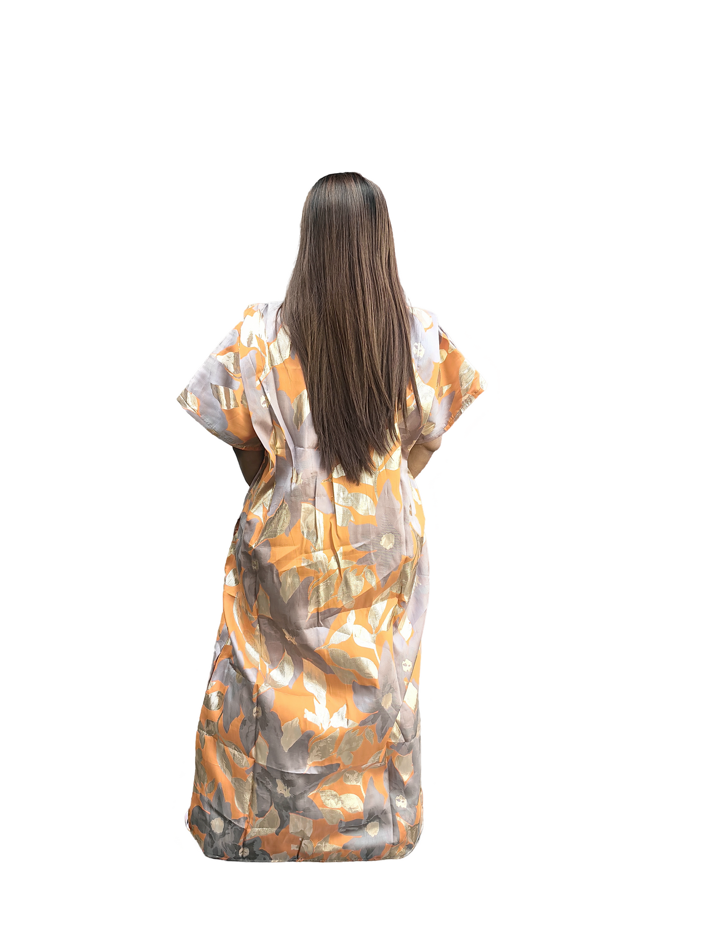 The Loveth Damask Kimono Dress - Orange & Gold Floral