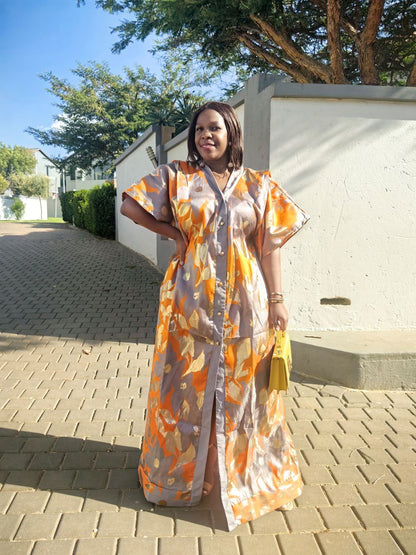 The Loveth Damask Kimono Dress - Orange & Gold Floral