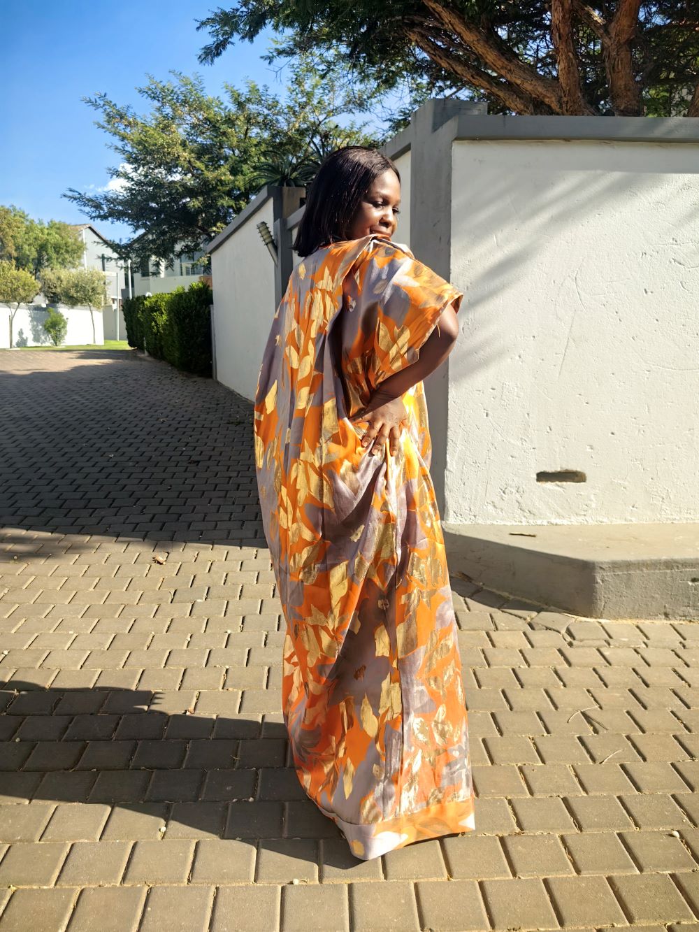 The Loveth Damask Kimono Dress - Orange & Gold Floral