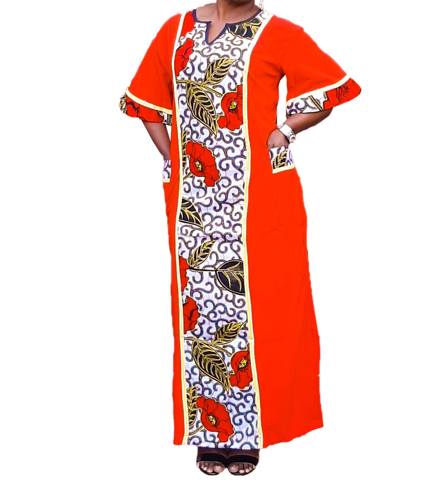 Ladies Red Crepe & Ankara Maxi Dress