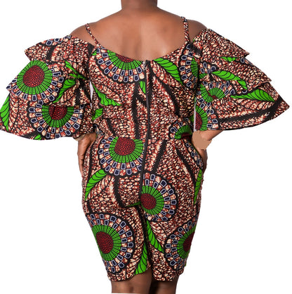 Ladies Brown Multi Print Off The Shoulder Butterfly Ankara Jumpsuit