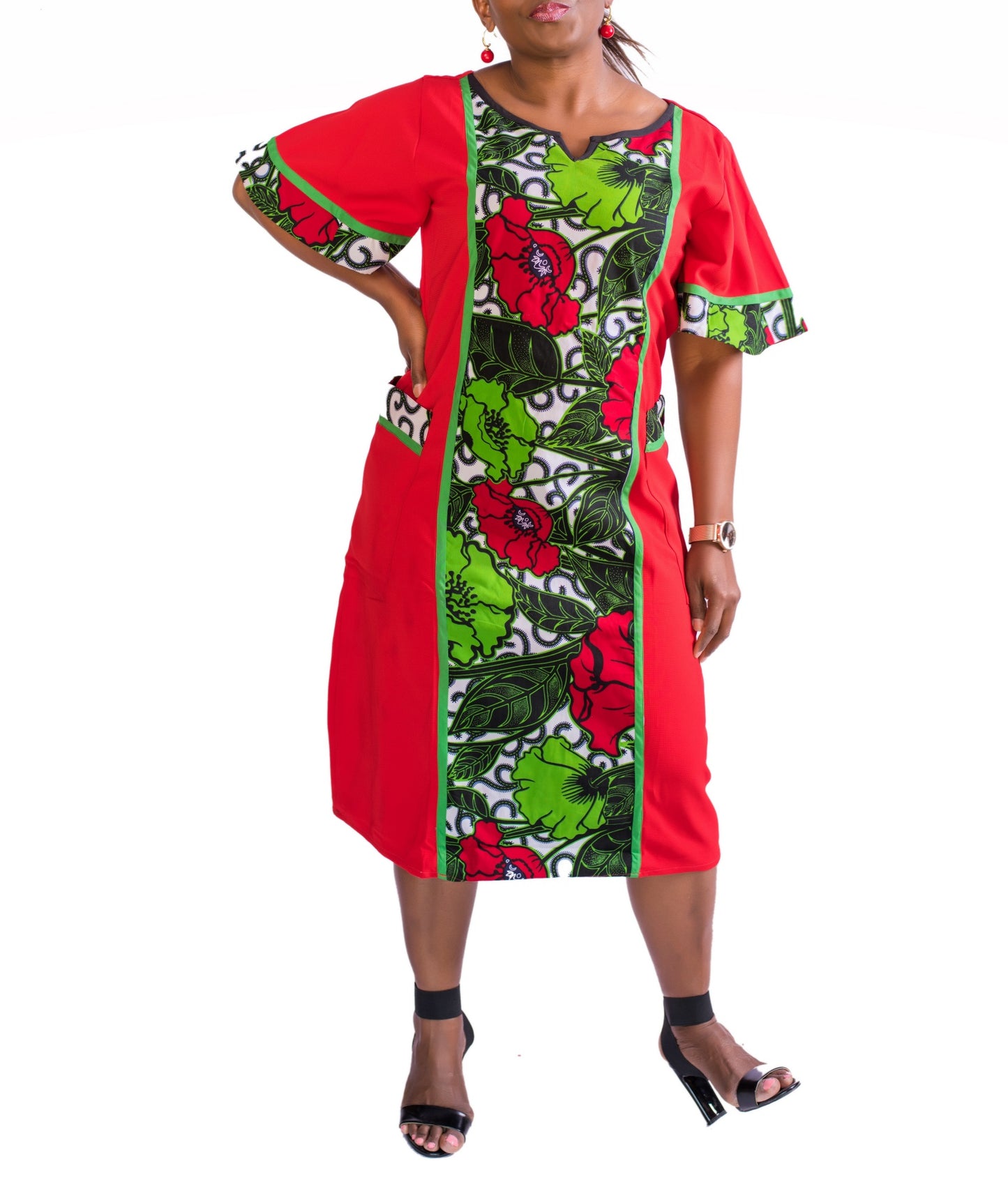 Ladies Red Crepe & Ankara Floral Dress