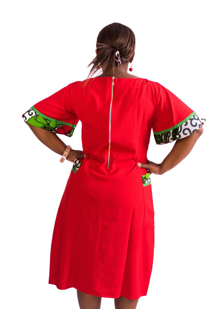 Ladies Red Crepe & Ankara Floral Dress