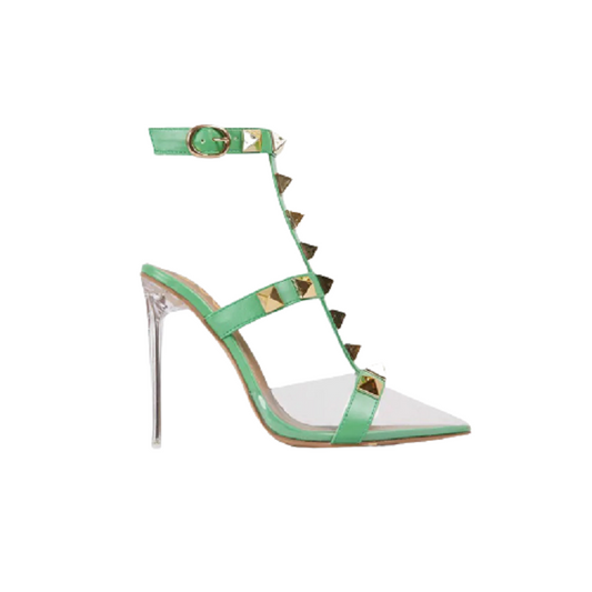 Glam Studded Details Pointed Clear Perspex Heel - Green
